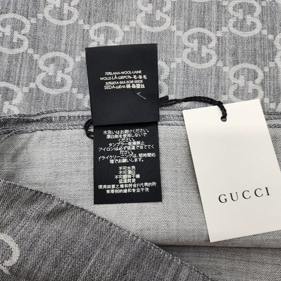 Gucci Wool Silk Monogram Fringe Scarf/Shawl | Gray | NEW - Picture 6 of 7
